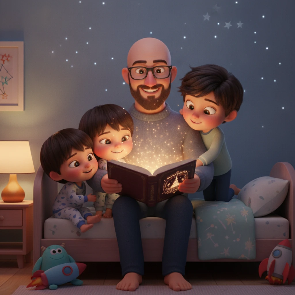 Steve reading a glowing bedtime story to Julius, Kai, and Emery