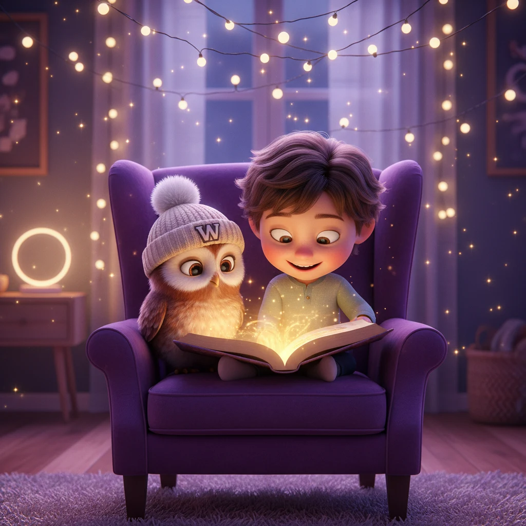 Child and owl mascot reading a magical storybook together