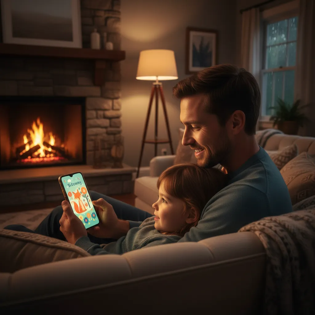 Parent and child reading a story together on a phone