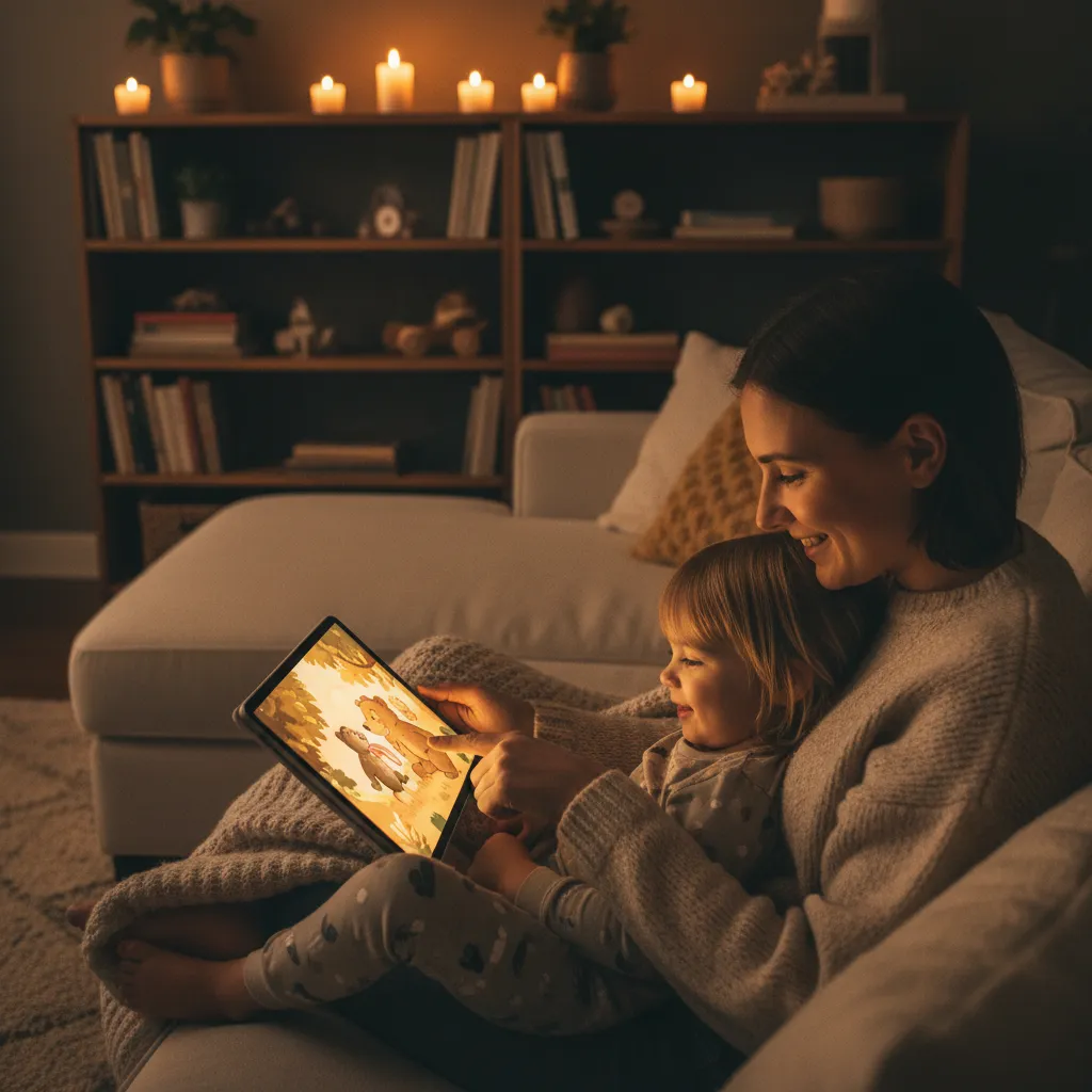 Mother and daughter enjoying a story on a tablet