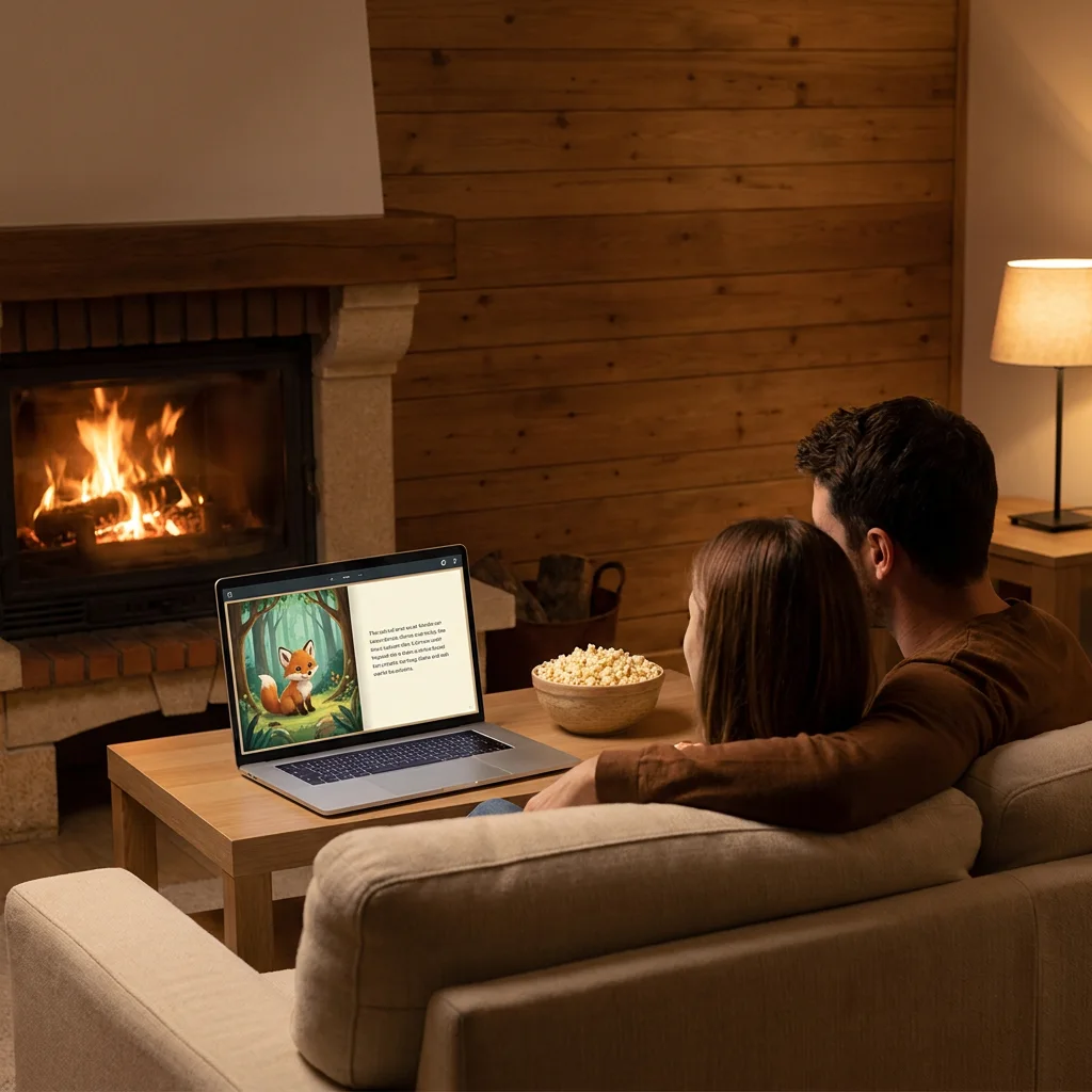 A parent and child following a WonderCast story on an open laptop, choices glowing on screen.