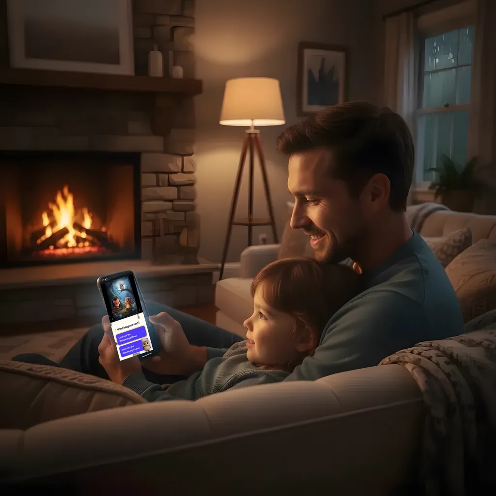 A father and child by the fire, opening Fern and the Sleepy Star in WonderCast on his phone.