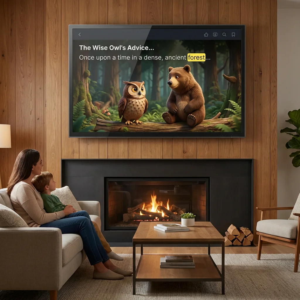 A family on the couch as the WonderCast reader fills the living-room TV - story art, read-along text and what-happens-next choices.